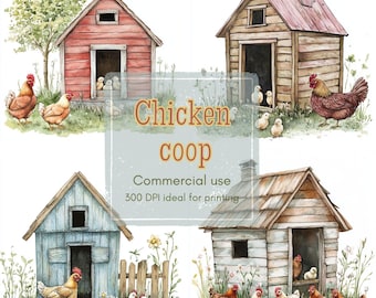 Watercolor Chicken Coop Clipart: Farm Animal Art (JPG & PNG Digital Download)