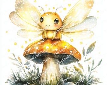 11 Baby Firefly Clipart, Mushroom Bug Clipart, Fantasy Insect Clipart, Printable Watercolor, High-Quality JPG&PNG, Papercraft, Junk Journal