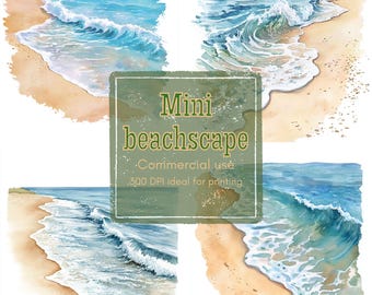 May include: Watercolor illustrations of ocean waves crashing on sandy beaches. The images feature shades of blue and turquoise water, with white foam and tan sand. The text "Mini beachscape" is included.