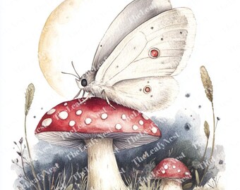 Watercolor Moth Clipart: Moon Mushroom Fantasy Insects (JPG & PNG)