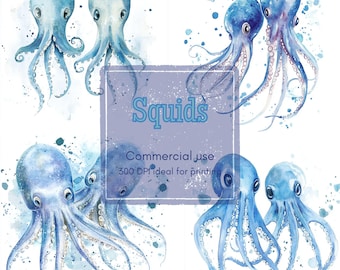 14 Squid Clipart, Deep Sea Clipart, Ink Trail Ocean Clipart, Printable Watercolor, High-Quality JPGs & PNGs, Papercraft, Junk Journal