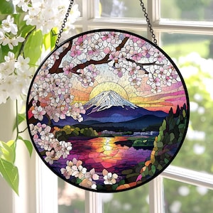 桜のステンドグラスサンキャッチャー、富士山の窓飾り、桜の花のガラス、桜好きへのギフト、日本好きへのギフト