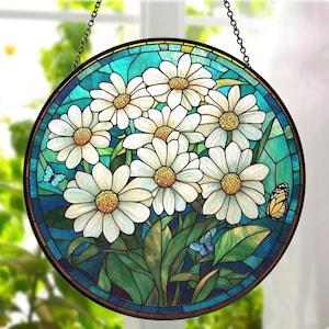 Daisy Stained Glass Suncatcher, Birth Month Flower Window Hanging, Gift for Nature Lovers, Birthday Gift for Her, Mother&#39;s Day Floral Decor