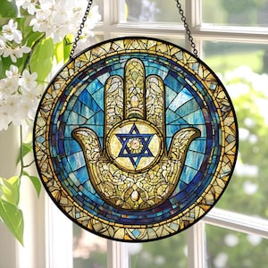 Acchiappasole in vetro con mano di Hamsa e stella di David, acchiappasole in vetro per Hanukkah e Chanukah, decorazione spirituale per finestre di Gerusalemme, festa ebraica