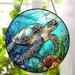 Sea Turtle Stained Glass Suncatcher, Window Hanging Coastal Decor, Turtle Lovers Gift, Beach House Decoration, Marine Life Home Accent