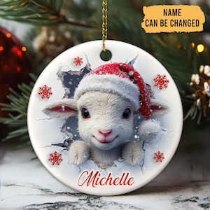 Personalized Cute Lamb Ornament 2D Flat, Farm Christmas Ceramic Ornament, Cute Lamb Lover Gift, Farmhouse Xmas Decoration, Xmas Tree Decor