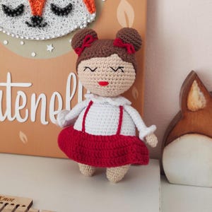 Handmade Crochet Fall Doll – Amigurumi Doll Plush with Red Overalls | Baby Shower Gift | Newborn Gift | Soft Baby Toy | Nursery Decor