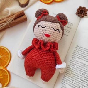 Handmade Crochet Fall Doll – Amigurumi Doll Plush with Terracotta Onesie | Baby Shower Gift | Newborn Gift | Soft Baby Toy | Nursery Decor