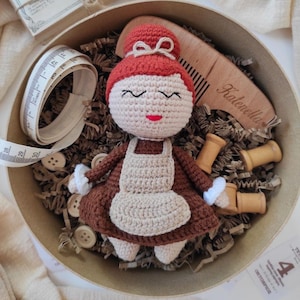 Handmade Crochet Fall Doll – Amigurumi Doll Plush with Brown Dress | Baby Shower Gift | Newborn Gift | Soft Baby Toy | Nursery Decor