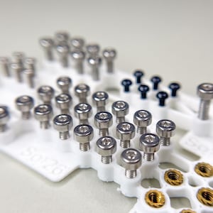 Può includere: Primo piano di varie piccole viti e elementi di fissaggio color argento disposti su un supporto di plastica bianca. Le viti hanno diversi stili e dimensioni della testa, alcune sembrano essere a testa esagonale e altre con un design scanalato. L'immagine mostra componenti hardware.