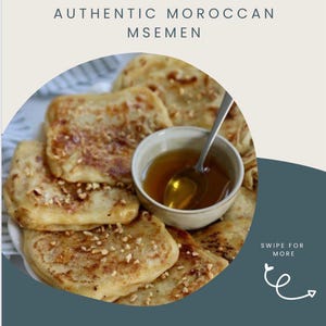 May include: Image of a plate of Moroccan msemen, a type of flatbread, topped with nuts and served with a small bowl of honey. The text at the top reads "Recipe of the Week" and "Authentic Moroccan Msemen".