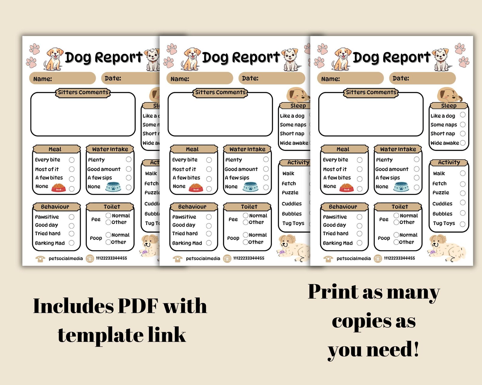 Dog Report Card Digital Template, Editable Template, Pet Sitter Report