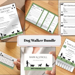 Könnte beinhalten: Ein Hunde-Walker-Bundle mit Preisliste, Kundeninformationsblättern, Geschenkgutscheinen, einer Kundenkarte und Visitenkarten. Die Artikel sind in Grün und Weiß gehalten und zeigen Silhouetten von Hunden und Personen.