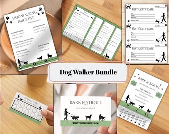 May include: A dog walker bundle featuring a price list, client information sheets, gift certificates, a loyalty card, and business cards. The items have a green and white color scheme with silhouettes of dogs and people walking dogs.