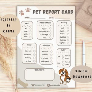Plantilla editable para boleta de calificaciones de mascotas, negocio de cuidado de mascotas y guardería canina, herramienta personalizable para cuidadores de mascotas, paseadores de perros, descarga instantánea