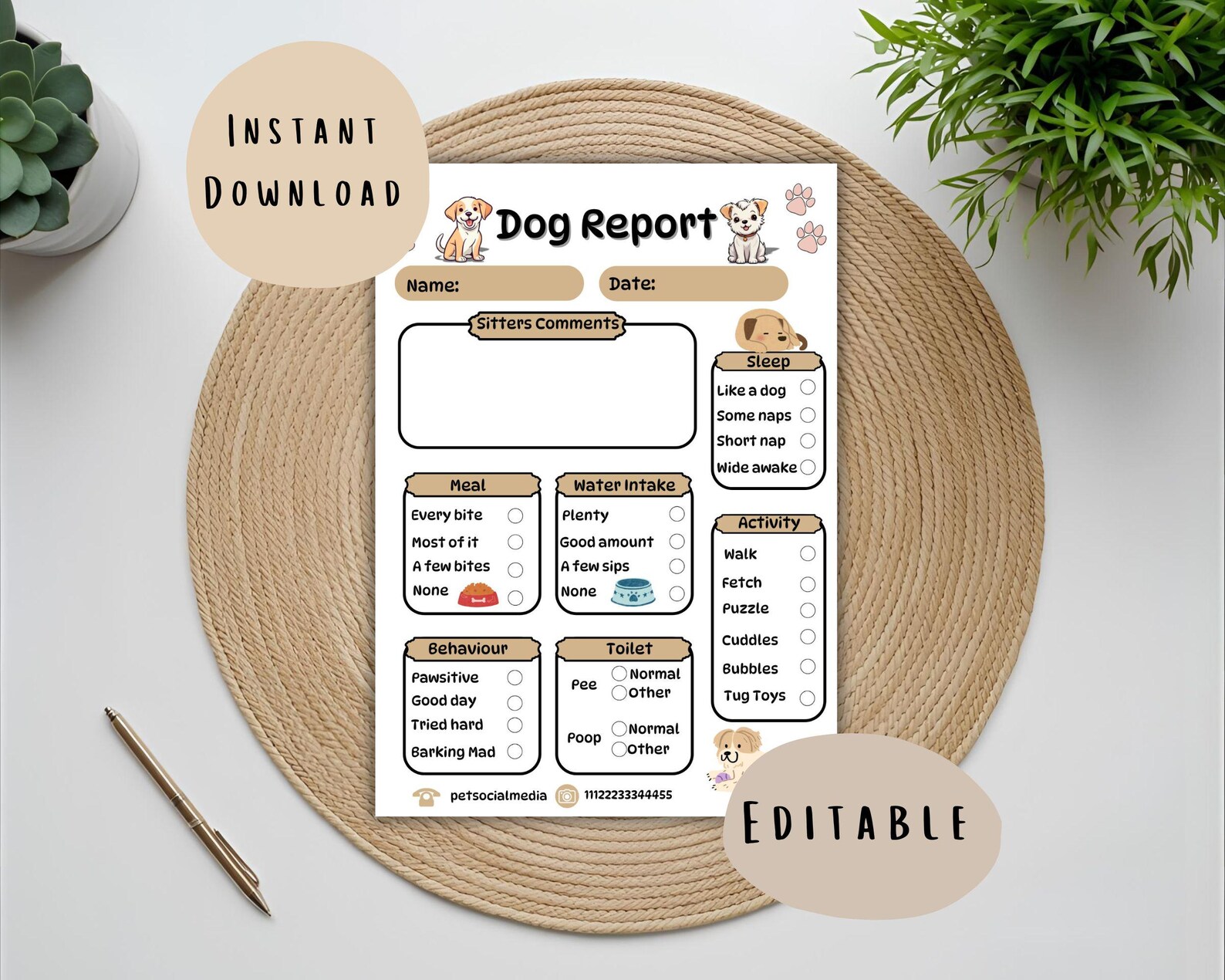 Dog Report Card Digital Template, Editable Template, Pet Sitter Report