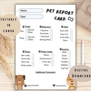 Plantilla editable de informe de calificaciones para mascotas, negocio de cuidado de mascotas y guardería de perros, herramienta personalizable para negocios de cuidado de mascotas, informe de calificaciones para perros, paseador de perros
