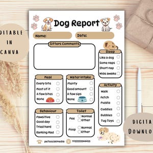 Plantilla digital de boleta de calificaciones para perros, plantilla editable, boleta de calificaciones para cuidadores de mascotas, guarderías para perros, negocios de cuidadores de mascotas, paseadores de perros, alojamiento para mascotas