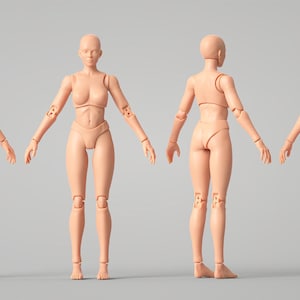 Pode incluir: Uma figura de ação articulada de cor de pele com membros móveis e uma expressão neutra. A figura está em pé sobre um fundo cinza.