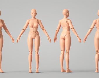 May include: A nude-colored articulated action figure with posable limbs and a neutral expression. The figure is standing on a gray background.
