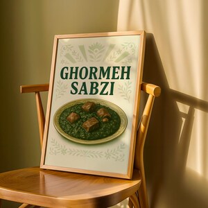 Póster de ghormeh sabzi, arte mural digital, plato nacional persa iraní, estética, descarga instantánea, imprimible, deliciosa comida, decoración
