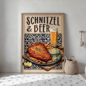Schnitzel & Beer Art Print | German Restaurant Decor | Bavarian Food Poster | Pub Kitchen Wall Art | Digital Download | Oktoberfest Print