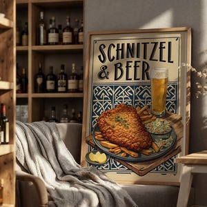 Schnitzel & Stein Art Print | German Beer Garden Decor | Bavarian Food Poster | Oktoberfest Kitchen Wall Art | Digital Download Oktoberfest