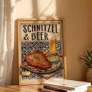 Schnitzel & Beer Art Print | German Restaurant Decor | Bavarian Food Poster | Pub Kitchen Wall Art | Digital Download | Oktoberfest Print