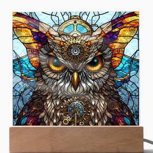 Steampunk Owl Acrylic Plaque: Faux Stained Glass Art with LED Base