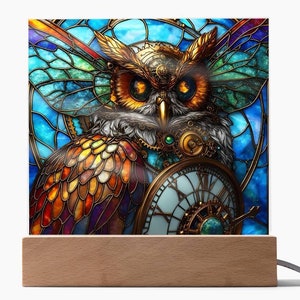 Steampunk Owl Acrylic Plaque: Faux Stained Glass Clockwork Decor