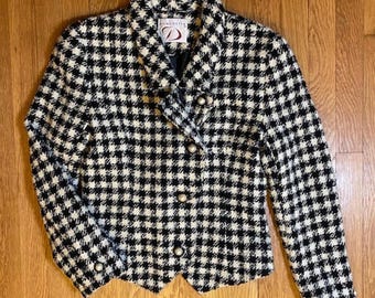 Vintage Doncaster Womens 8 Woven Cropped Blazer Jacket White Black Houndstooth