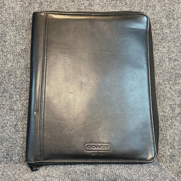 Vintage COACH Black Leather Bi-Fold Zip Business Portfolio Organizer 11 X 13”