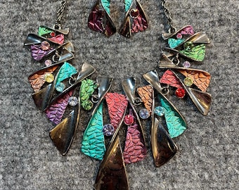 Vintage 80s Multicolor Rhinestones Enamel Necklace and Earrings Pierced Set