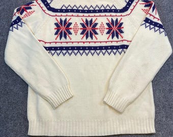 Vintage 70s 80s JCPenney Acrylic Fair Isle Snowflake Sweater Size Large Ivory