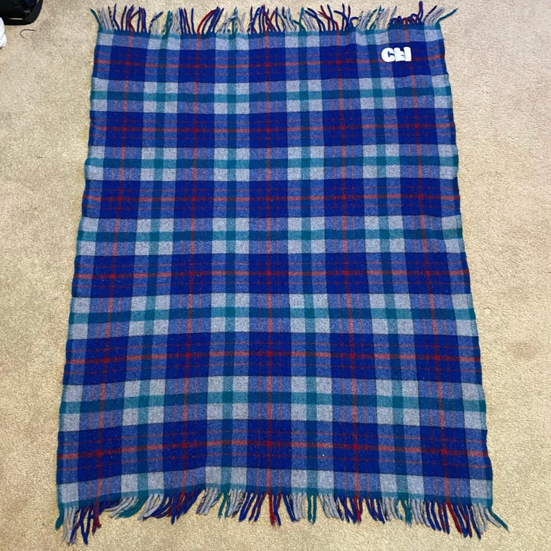 Vintage Pendleton 100% Virgin Wool Blue Plaid Fringe Throw Picnic Blanket Bild 3