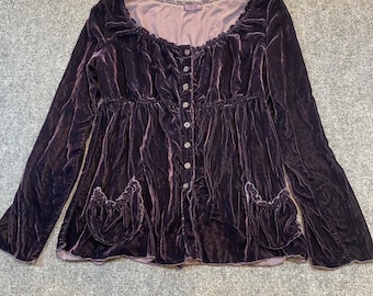 Vintage Hand Dyed Womens Size Small Purple Velvet Silk Blend Babydoll Blouse Top