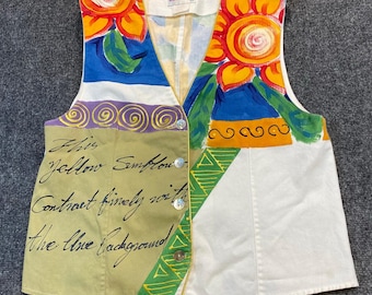 Vintage 90s Kolorway Womens Large Hand Painted Wearable Art Vest 100% Cotton