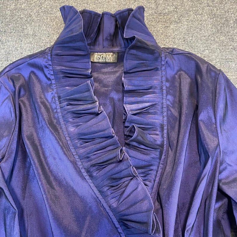 Adrianna Papell Vintage Iridescent Purple Ruffled Wrap Top Tie Belt Womens Small Bild 2