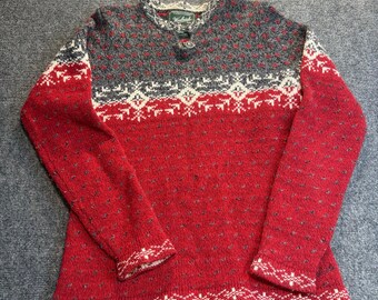 Vintage Woolrich Fair Isle Red Grey Lambswool Henley Pullover Sweater Women Med