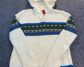 Vintage 80s Tilt Women's XL Wool Acrylic Blend White Fair Isle Hooded Sweater