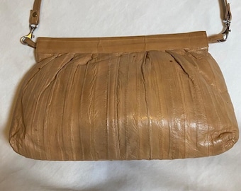 Vintage 70s Sunco Eel Leather Tan Textured Shoulder Bag Purse 19x9 Frame Opening