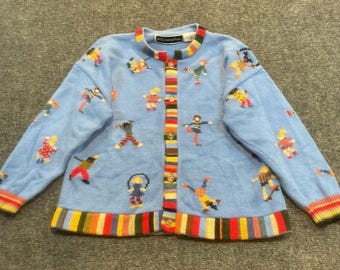 Vintage Christine Foley Blue Cotton Cardigan Embroidered Children Playing  Kids 7/8