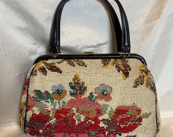 Vintage 50s Tapestry Carpet Floral Needlepoint Purse Grannycore Cottage Madmen