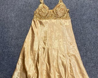 Vintage 90s VICTORIAS SECRET Slip Bustier Gold DRESS Nightgown Small Underwire