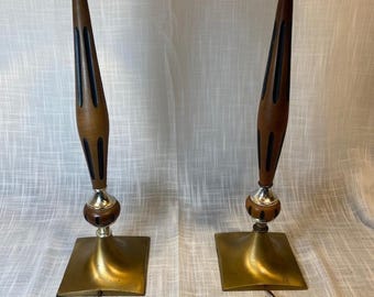 Pair of Vintage Mid Century Modern Walnut Wood Brushed Brass Table Lamps 34 inch