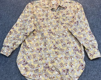 VTG Banana Republic Safari Travel Postcard Stamp Print Button Down Shirt Medium