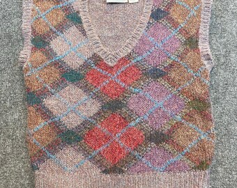 Vintage Pronto Purple Argyle Knit Sweater Vest V-Neck Wool Plaid Womens Medium