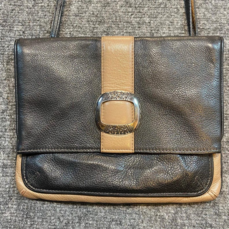Brighton Vintage 90s Black Tan Leather Flap Crossbody Bag Silver Buckle Pockets image 1