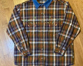 Vintage 90s Cottage Rustic Basic Editions Embroidered Medium Brown Plaid  Shirt