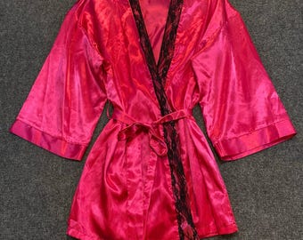 Vintage 80s Dream Girl Womens Medium Pink Satin Belted Bath Robe Black Lace Trim
